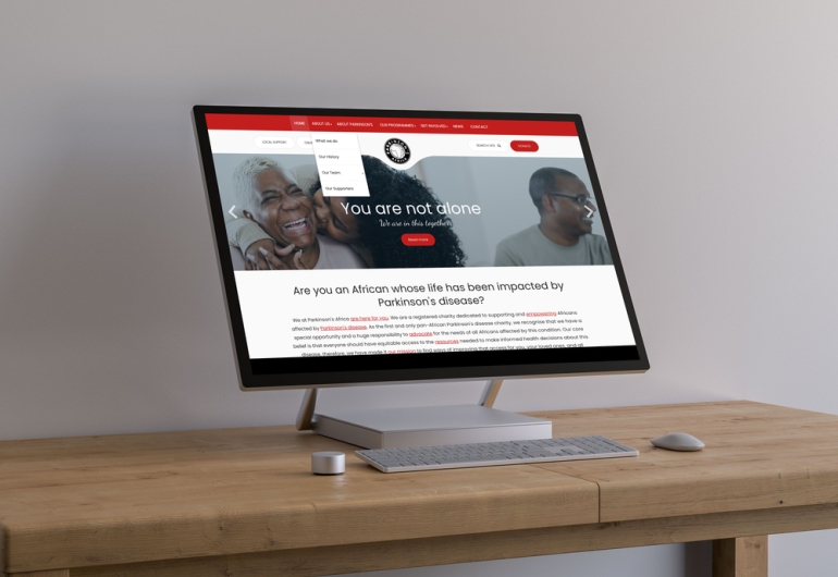 Parkinson's Africa website shown on a large desktop screen.